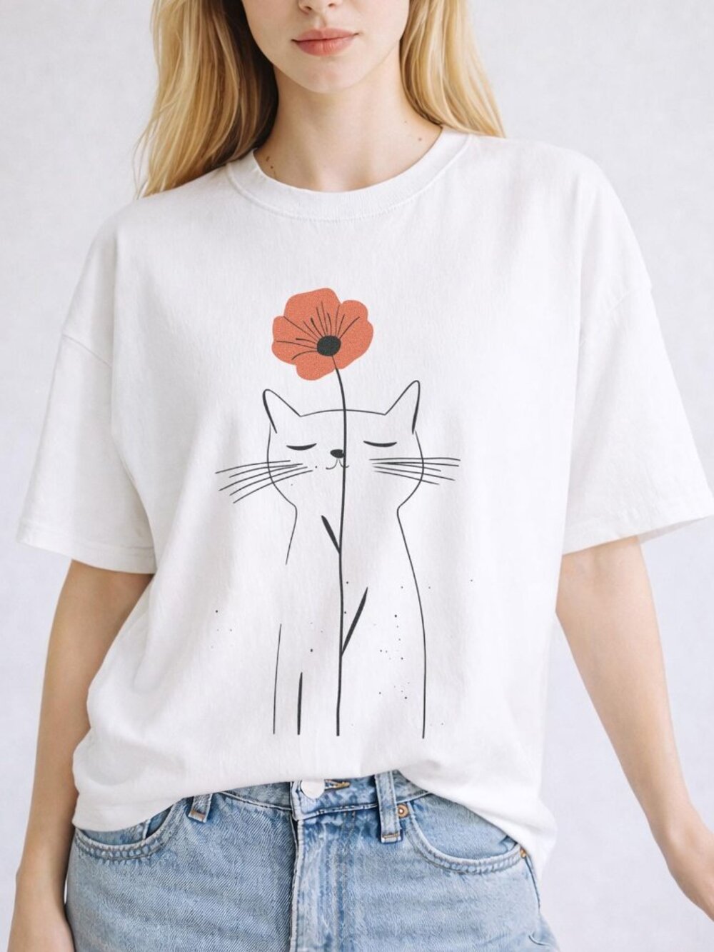 Minimalist Cat Flower Shirt Cute Cat Lover Gift for Her Floral Line Art Tee